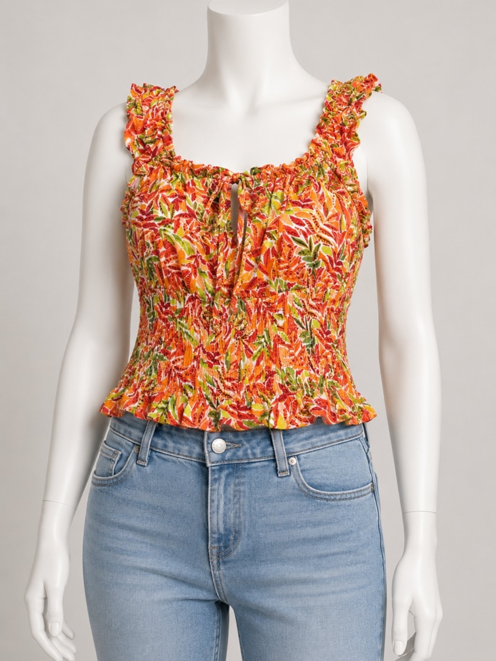 BCX Orange Floral Ruffled Smocked Camisole with Green‎ Accents